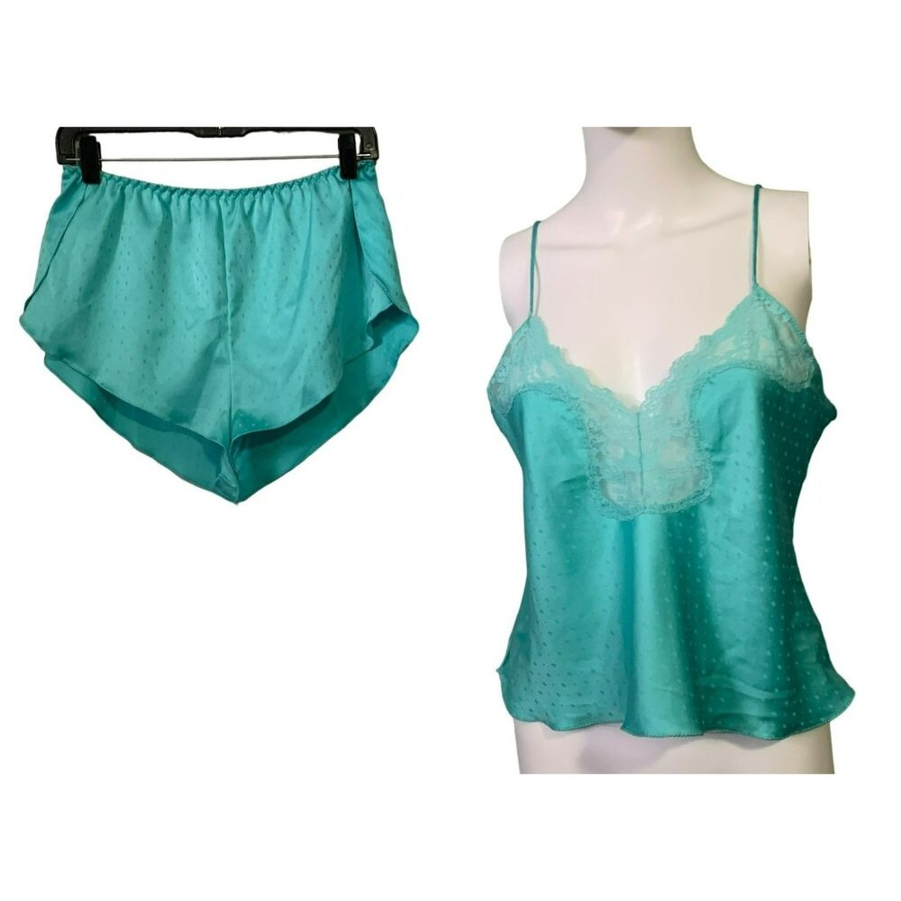 VTG Victoria's Secret 70s Aqua Satin Lace Camisole Set ILGWU‎ Gold Crown Label M